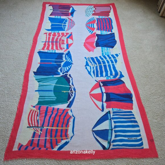 Hermès WOOL STOLE Charmes des Plages Normandes Rectangle Scarf Beach Cabanas - Picture 6 of 16